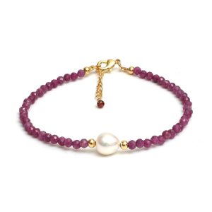 Natural Ruby Bead Bracelet with Freshwater Pearls, Evening Wear Jewelry, 6.5 + 1 Inch 14k Gold Plated Adjustable Chain
