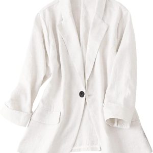 Womens Linen Blazer Notch Lapel One Button Suit Coat Jackets