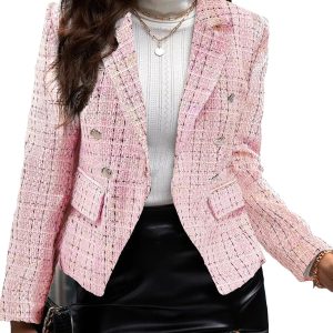 2024 Fall Winter Plaid Tweed Blazer Jacket Double Breasted Slim Casual Long Sleeve Fashion Work Office with Pockets