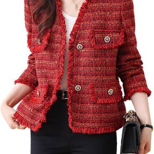 Women's Fall V-Neck Fringed Tweed Jacket Button Down Plaid Dressy Tweed Blazer Jacket
