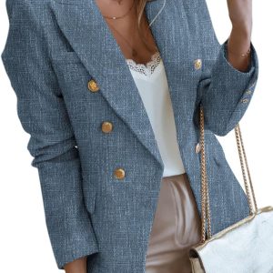 Womens Tweed Blazers Casual Long Sleeve Double Breasted Open Front Blazer Jackets Work Suits