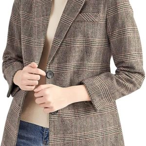 Women's Notch Lapel 2 Button Boyfriend Blazer Suit Houndstooth Plaid Jacket Coat