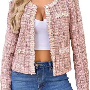 Women's Tweed Blazers Cropped Long Sleeve Crewneck Open Front Lace Trim Lightweight Plaid Work Business Jackets