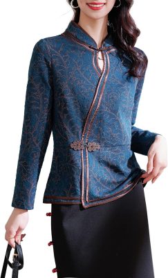Women’s Floral Keyhole Neck Overlap Jacket with Chinese Flavor