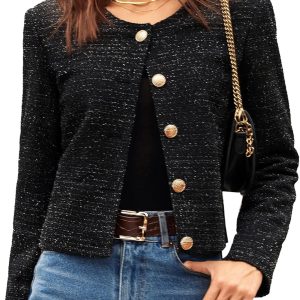 Fall Jackets for Women 2024 Tweed Blazer Business Casual Long Sleeve Cropped Short Top Coat