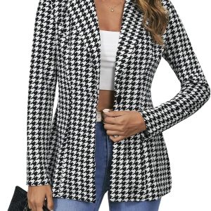 Women's Houndstooth Blazer Jacket Button Down Long Sleeve Work Casual Blazer