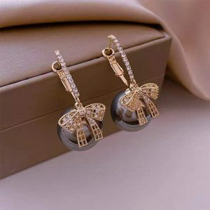 S925 Silver Bow Pearl Earrings Fashionable Personality Earrings Super Shiny Diamond Earrings
