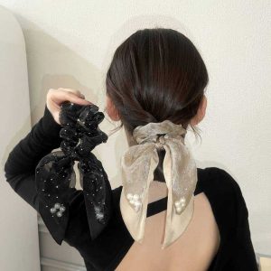 Organza Pearl Ribbon Headband Large Intestine Hair Ring Girl Temperament Ponytail Hairband Leather Headdress