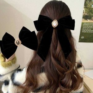 French Rose Black Velvet Bow Hairpin Female High-grade Retro Small Fragrance Style Hairpin Large Hair Accessories Headdress