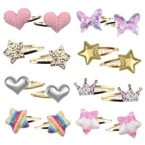 Hair Clips for Girls - 8 Pairs of Star, Crown, Heart, Butterfly Shaped Barrettes and Pins - Metal Snap Accessories for Styling Kids' Hair