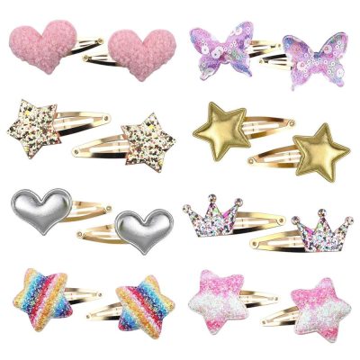 Hair Clips for Girls - 8 Pairs of Star, Crown, Heart, Butterfly Shaped Barrettes and Pins - Metal Snap Accessories for Styling Kids' Hair