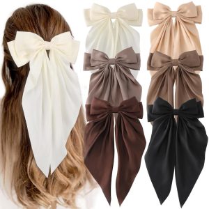 6 PCS Hair Bows for Women, Big Bow Hair Clips for Girls, Silky Satin Hair Bows Clips Oversized Long Tail