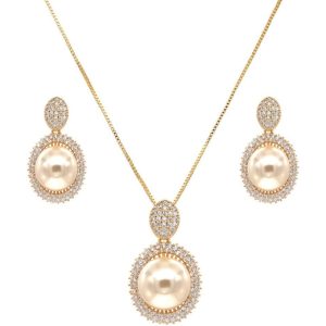 Oval Pendant Jewelry Set Cream Pearl Necklace and Earrings Set Women Gold and Silver
